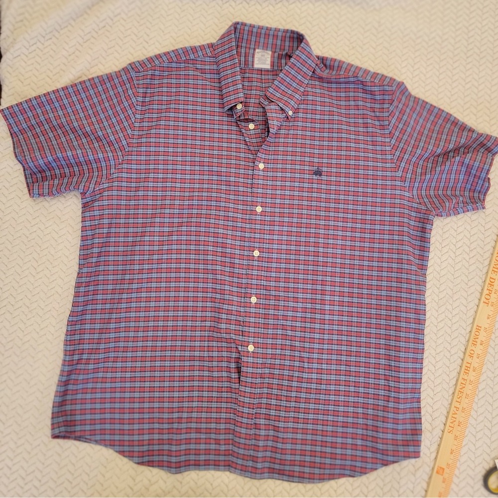 Brooks Brothers Plaid Short Sleeve Button Down Shirt XXL Regular Fit Blue & Red